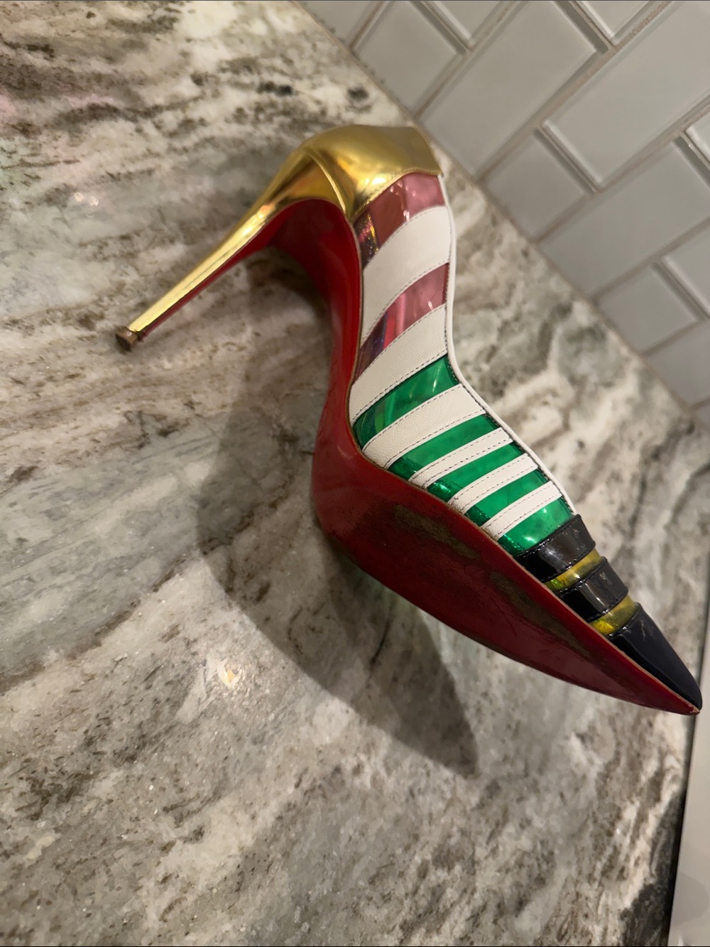 Christian Louboutin Multicolor Striped Pointed Toe Stilettos - Picture 5 of 14